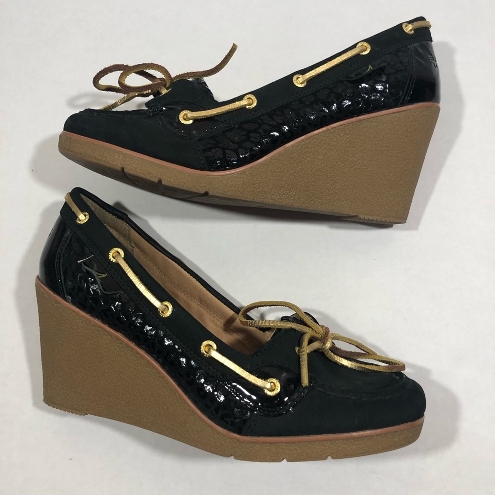 Sperry Too Sider Wedges-Leopard Black & Gold